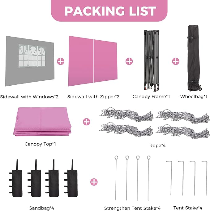 GDY 12x12FT Pop Up Canopy Tent with One Push Setup, Easy to Install with 4-Sidewalls for Events, Parties, Camping, Outdoor Gazebo with 4-Sandbags, Pink.