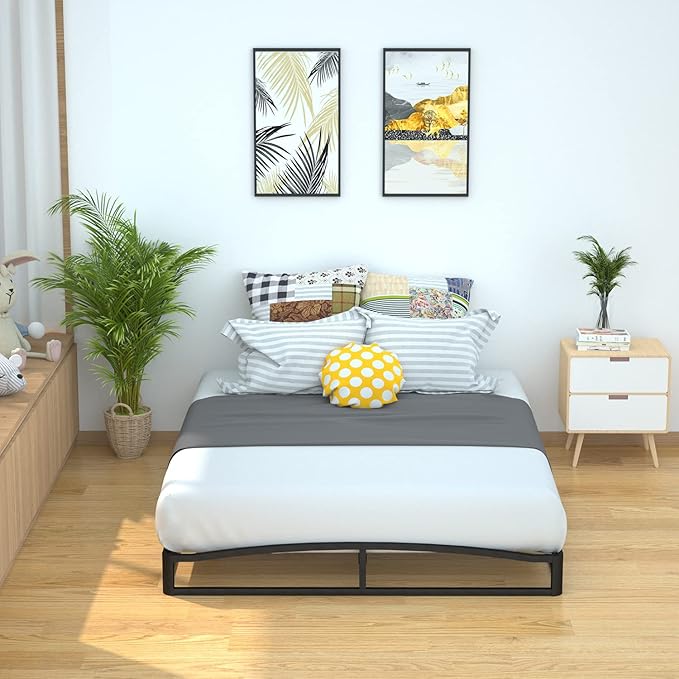 Amazon Basics Metal Platform Bed Frame, with Wood Slat Support, 6 inches High, Queen, Black