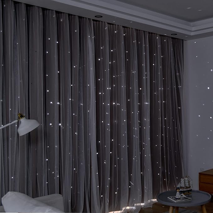 Kinryb Kids Blackout Curtains for Bedroom/Living Room/Classroom, Sheer Overlay 2 Free Tiebacks, Double Layer Curtains with Star Cutout for Kids Room(Each Piece W 70 x L 72 Inches 2 Pcs Chocolate)