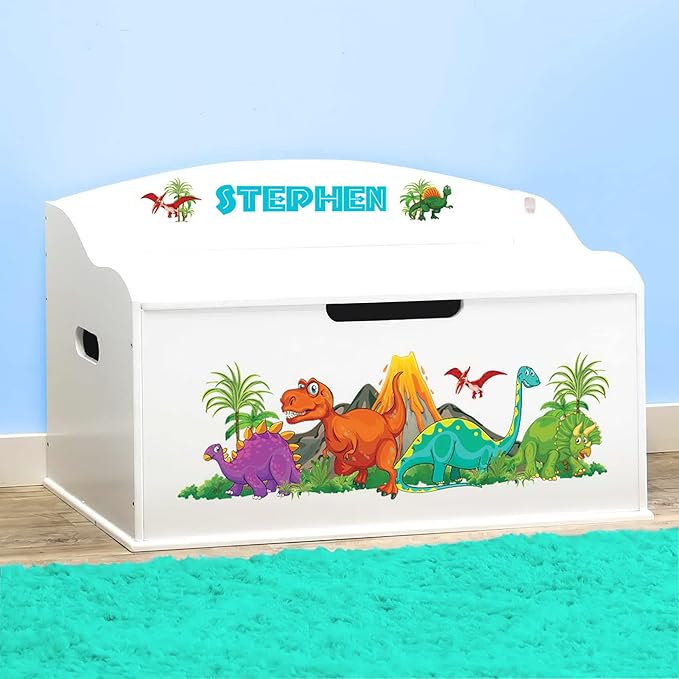 DIBSIES Personalized Creative Wonders Toy Box, Dinosaurs, 30 x 19.25 x 18 inches, Soft-Close Lid (White)