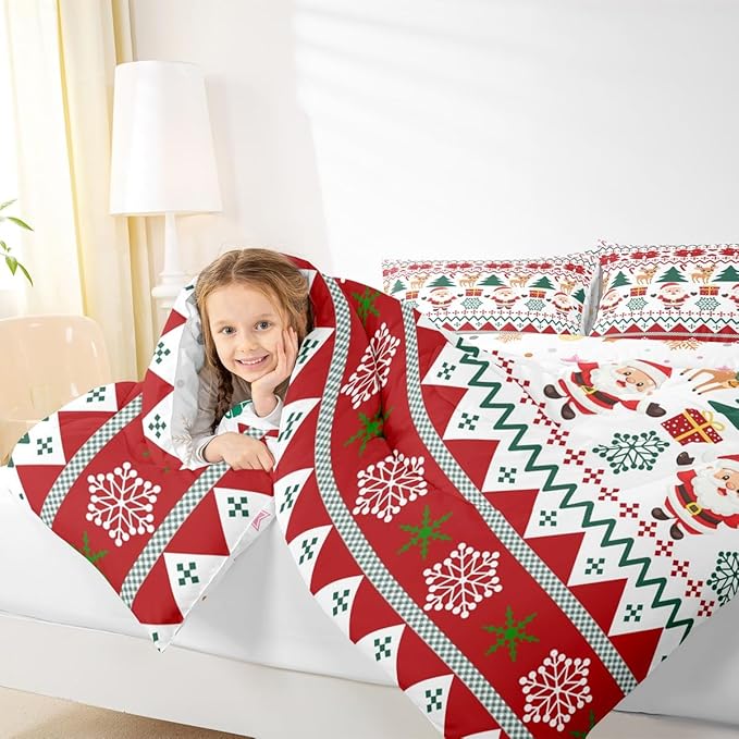 Feelyou Merry Christmas Comforter Set Twin Size Santa Claus Bedding Set for Kids Boys Girls Cute Deer Duvet Quilt Snowflake Bedroom Decor Microfiber 2 Pcs with 1 Pillow Cases