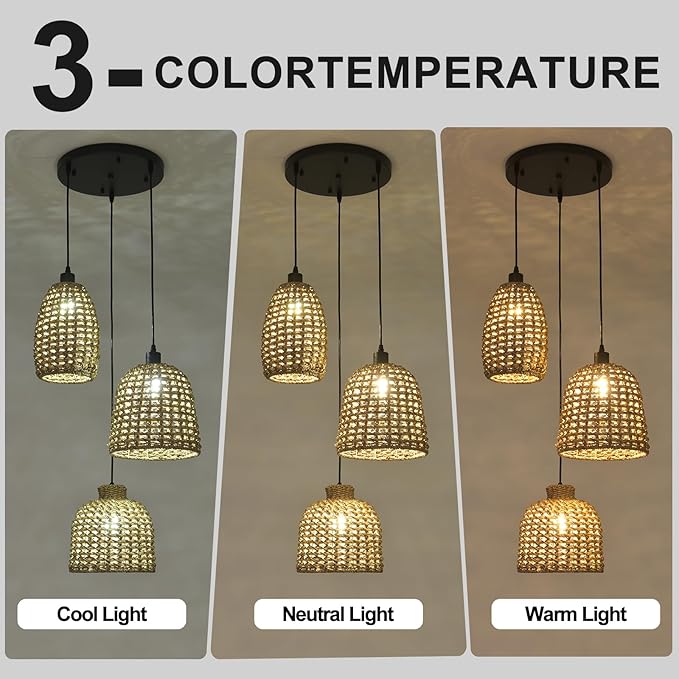 Rattan Pendant Lights,3-Light Wicker Coastal Chandelier Hand-Woven Boho Hanging Light,Kitchen Island Farmhouse Dining Room Living Room