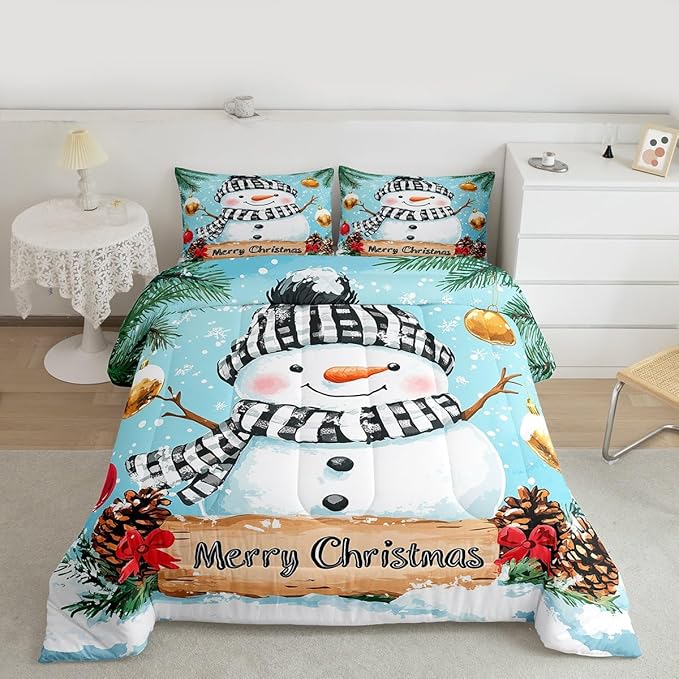 Feelyou Merry Christmas Comforter Set Full Size Cute Snowman Bedding Set for Kids Boys Girls Snowflake Duvet Quilt Winter Bedroom Decor Microfiber 3 Pcs with 2 Pillow Cases