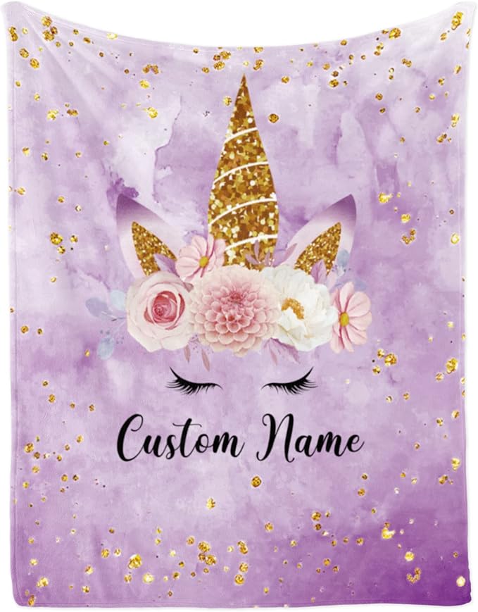Personalized Horse Blanket with Name for Girl, Custom Name Blanket for Teen, Soft Flannel Purple Toddler Blanket Customized Gift for Birthday New Year Gift 50"x60"