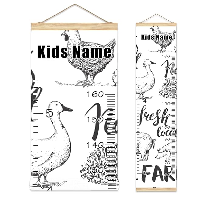 Personalized Kids Name Growth Chart Ruler for Wall Wood Frame Height Measure Chart 13.4x56 in Linen Hanging Height Growth Chart Farm Animal Cow Pig Rooster Kids Room Decor