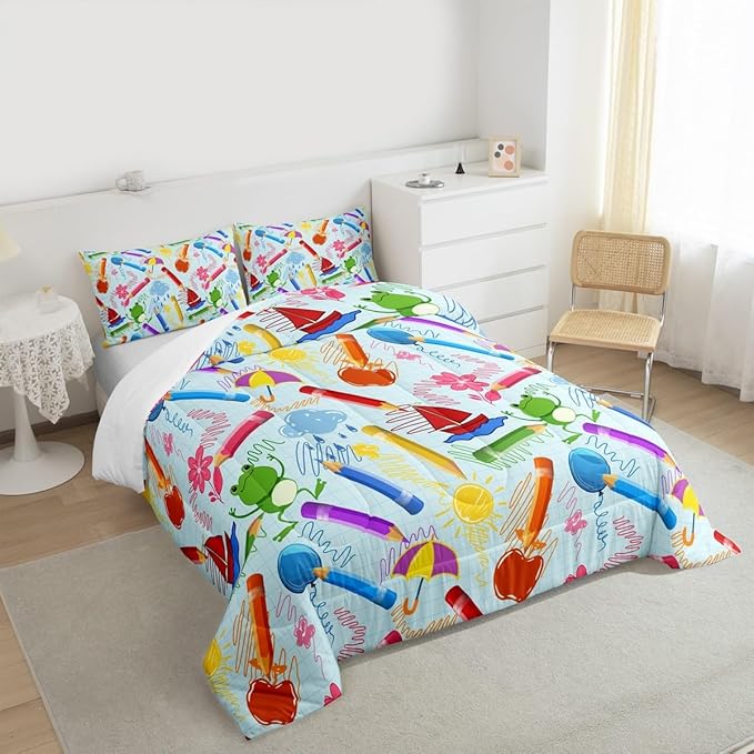 Feelyou Kids Cartoon Pencil Comforter Set Full Size, Colorful Nursery Bedding Set Cute Crayon Comforter for Kids Boys Girls Funny Art Printed Duvet Set Durable Bed Set 3Pcs