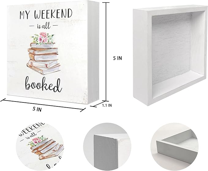 Mtrgdn Kids Bookshelf Decor,My Weekend is Booked Book Wood Desk Sign,Cute Small Bookshelf Reading Decor for Homeschool Library Tadder Reading Room Decorations,5x5 Inch