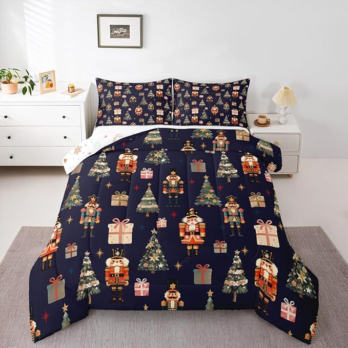 jejeloiu Xmas Nutcracker Comforter Set Queen Size Christmas Dark Blue Bedding Set for Kids Boys Girls Cute Snowflakes Duvet Quilt Bedroom Decor