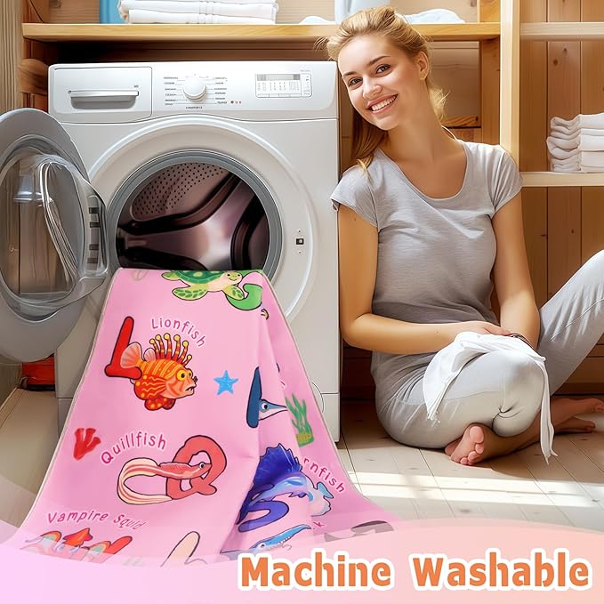 Kids Rug for Playroom, 5x7 Feet Educational Rug for Learn The ABC Alphabet, Soft Machine Washable Non-Slip Cute Marine Organisms Carpet for Classroom Toddler Nursery Kids Room Decor Mat, Pink