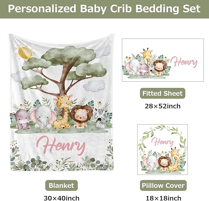 Personalized Baby Crib Bedding Set,3 Piece Custom Name Nursery Set with Blanket, Fitted Sheet & Pillowcase for Baby Girls & Boys, Safari Friends Theme(Fixed Size)