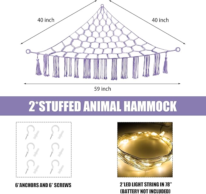 Stuffed Animal Hammock with LED Light, Large Stuffed Animals Storage Corner Plushie Net for Kids Room Decor, 2 Packs Purple