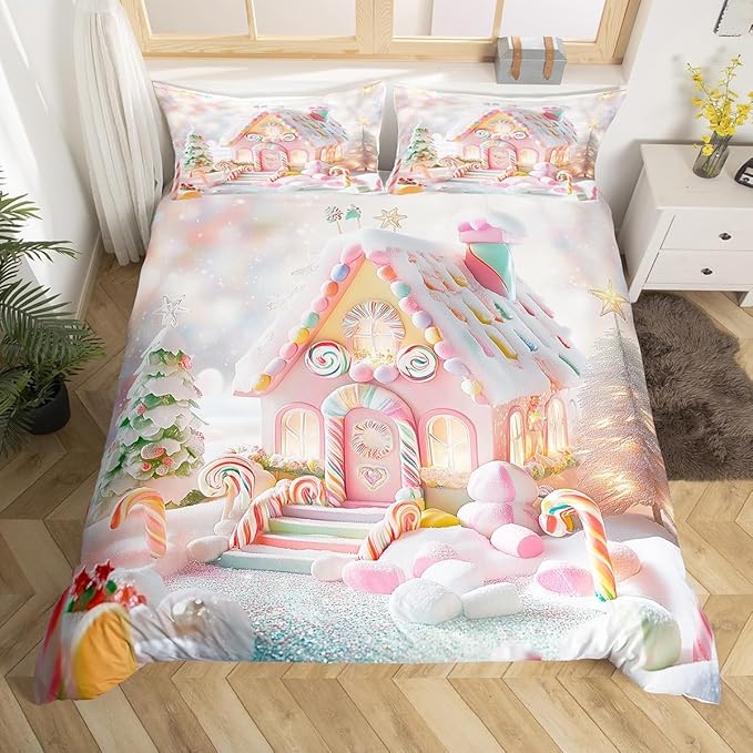 Manfei Christmas Kids Duvet Cover Set King Size, Cute Candy Cabin Xmas Bedding Set for Boys Girls Room Decor, New Year Theme Comforter Cover, Lightweight Bedspread Cover, 2 Pillowcases, No Comforter