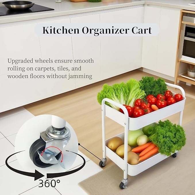 2 Tier Metal Rolling Cart with Wheels for Under Desk Storage & Pantry Storage, High Load-Bearing Kitchen Utility Cart for Small Space, Laundry Room Organization Side Table with 4 Hooks, White