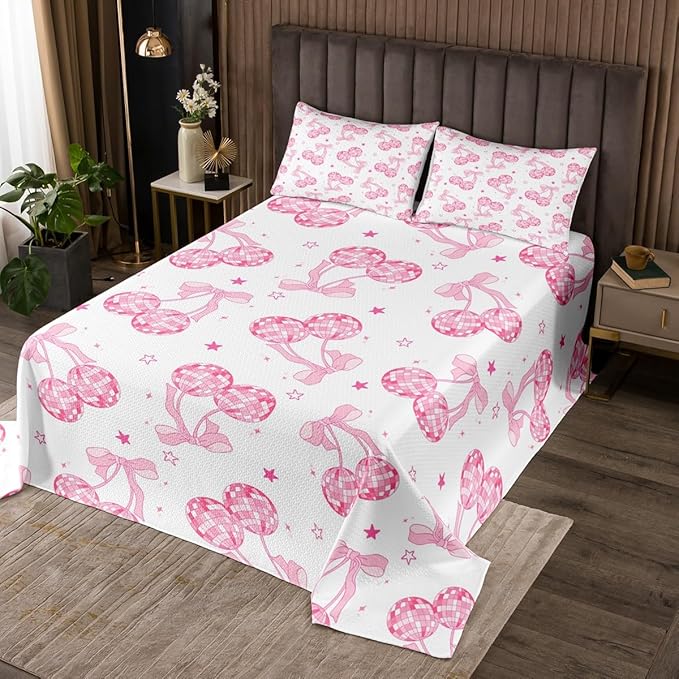 Pink Bowknot Princess Bedspread Queen Size,Disco Crystal Ball Western Cowgirl Coverlet Set,Girls Women Room Decor,Stars Bow Tie Sweet Romantic Quilted Coverlet,Dreamy Bedding Quilt,2 Pillowcases