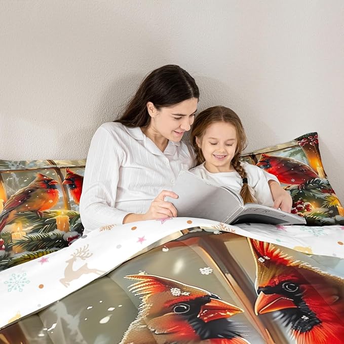Feelyou Merry Christmas Kids Comforter Set Full Size Cardinal Bedding Set Winter Bird Duvet Quilt for Kids Boys Girls Bedroom Red Berries Decor Microfiber Ultra Soft Breathable