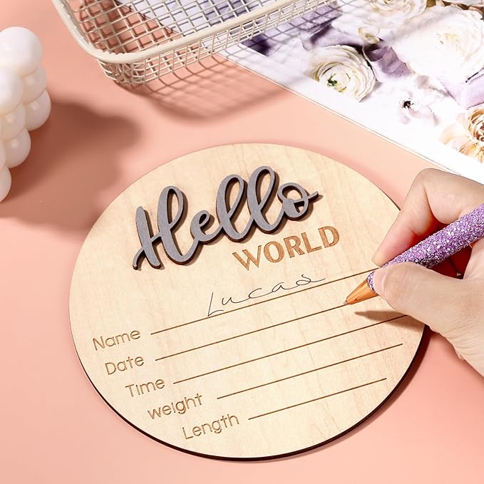Newborn Announcement Sign, 5.9in Wooden Hello World Baby Welcome Sign Birth Plaques for Newborn Girls Boys Photo Props Baby Shower Hospital Nursery(Grey)
