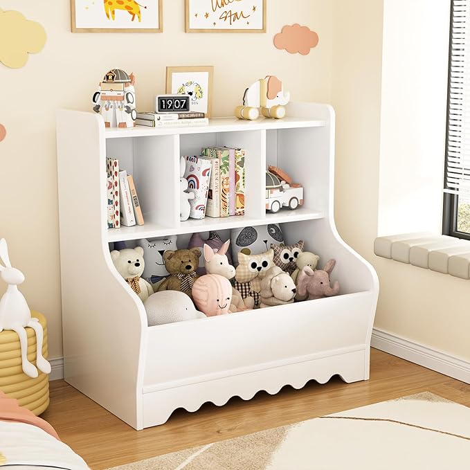 Kids Bookshelf, Toddler Toy Storage Organizer, Wooden 4 Cubby Children Book Shelf for Playroom, Bedroom, Nursery, Classroom