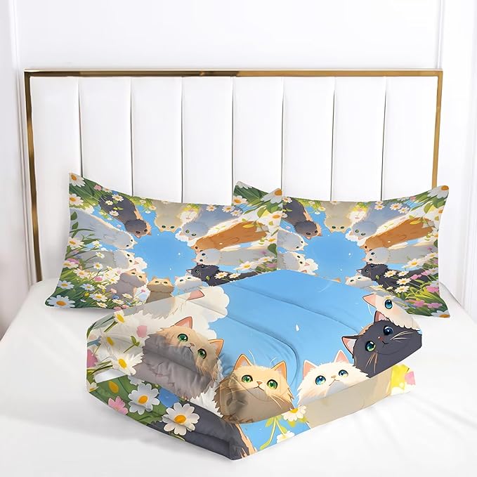Floral Cat Comforter Set: Full Size Kawaii Cats Bedding Set Blue Sky Daisy Kitten Quilt for Teen Girls Women Kids Cartoon Flowers Feline Cute Bed Sets 3 Piece