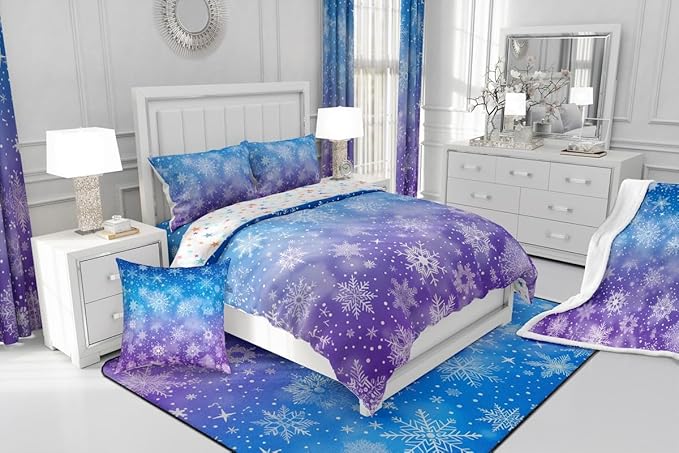 Feelyou Christmas Bedding Set Soft for Boys Girls, Winter Snowflake Comforter Set Full Size Purple Blue Gradient Duvet Quilt Microfiber Bedroom Decor 3 Pcs with 2 Pillow Cases