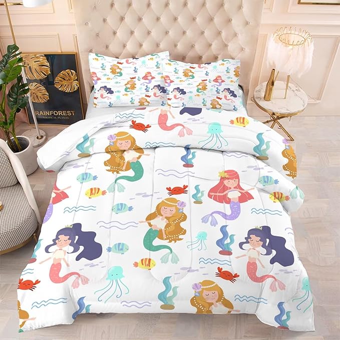 kxry Little Mermaid Princess Comforter Set Full Size Fairy Tale Sea Shell Grass Bedding Sets for Girls Teens Kids Soft Microfiber Lightweight Comforter Set with 1 Comforter + 2 Pillow Cases