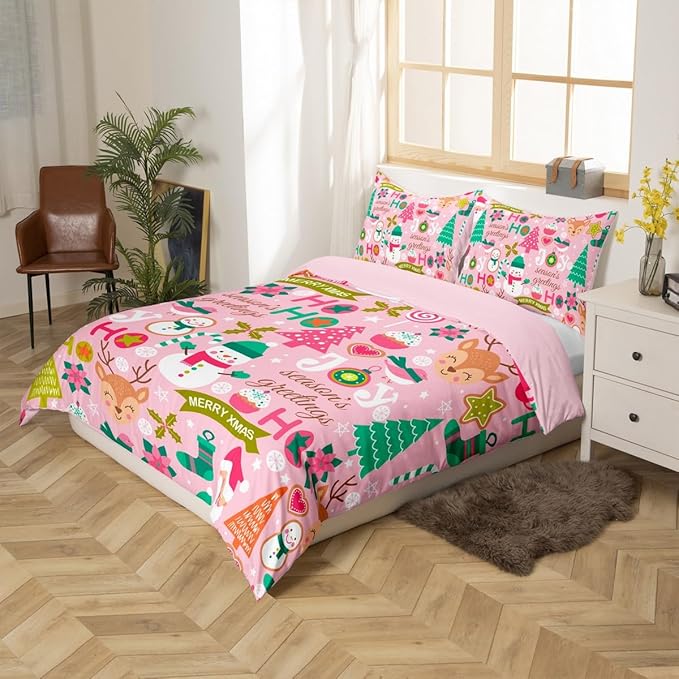 Feelyou Kids Pink Merry Christmas Bedding Set Full Merry Christmas Tree and Snowman Duvet Cover for Bedroom Decor Xmas Comforter Cover Set Snowflake Holiday Bedspread Cover with 2 Pillow Case