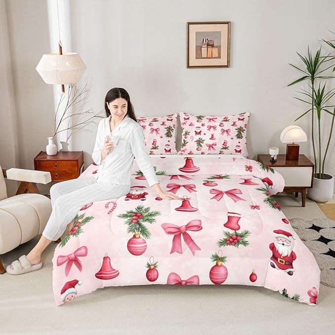 Feelyou Santa Claus Bedding Set Soft for Boys Girls, Pink Bow Comforter Set King Size Christmas Ornament Duvet Quilt Microfiber Candy Cane Bedroom Decor Holly Berry 3 Pcs with 2 Pillow Cases