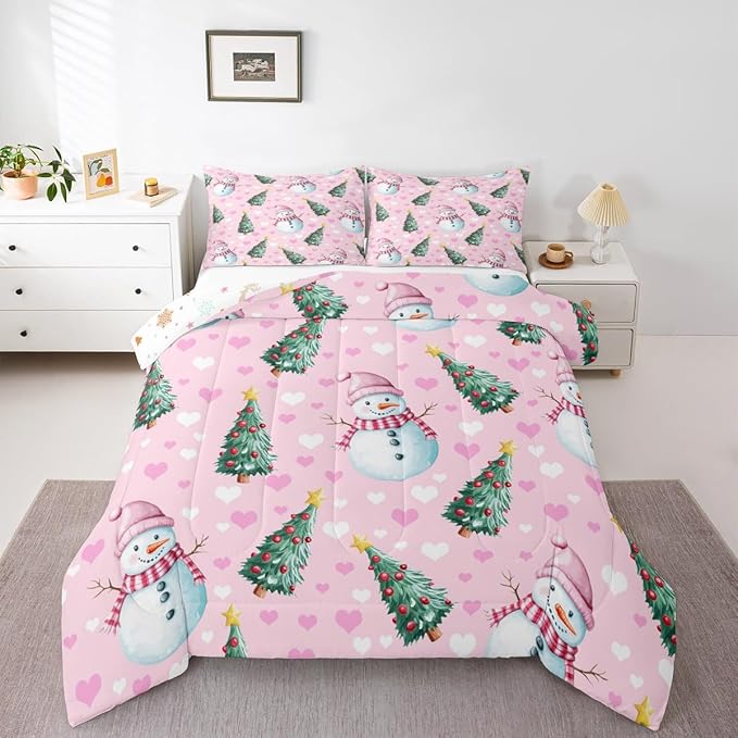 Feelyou Merry Christmas Comforter Set All Season Cute Snowman Bedding Set with 2 Pillow Cases Christmas Tree Microfiber Kids Queen Bedclothes Love Hearts Duvet Quilt Breathable Soft Lightweight
