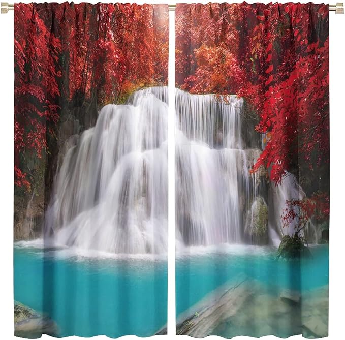 Red Forest Waterfall Blackout Windows Curtains, Tree Landscape Woodland Scenic Nature Fall Scenery Art Printed Curtains, for Living Room Bedroom 42x45in 2 Panels