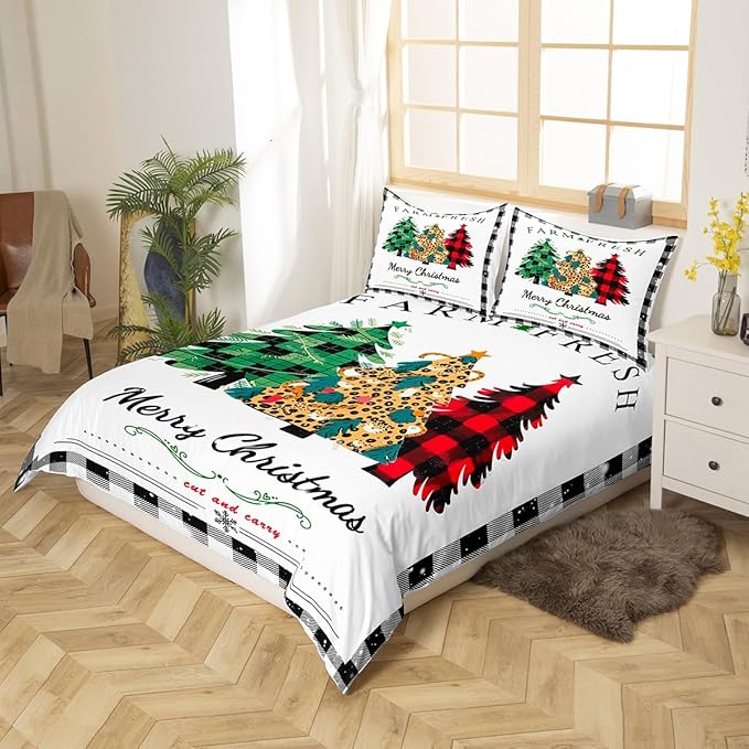 Manfei Christmas Tree Duvet Cover Set Queen Size, New Year Theme Comforter Cover with 2 Pillowcases, Leopard Plaid Print Xmas Bedding Set 3pcs for Kids Boys Girls Bedroom Decor,No Comforter