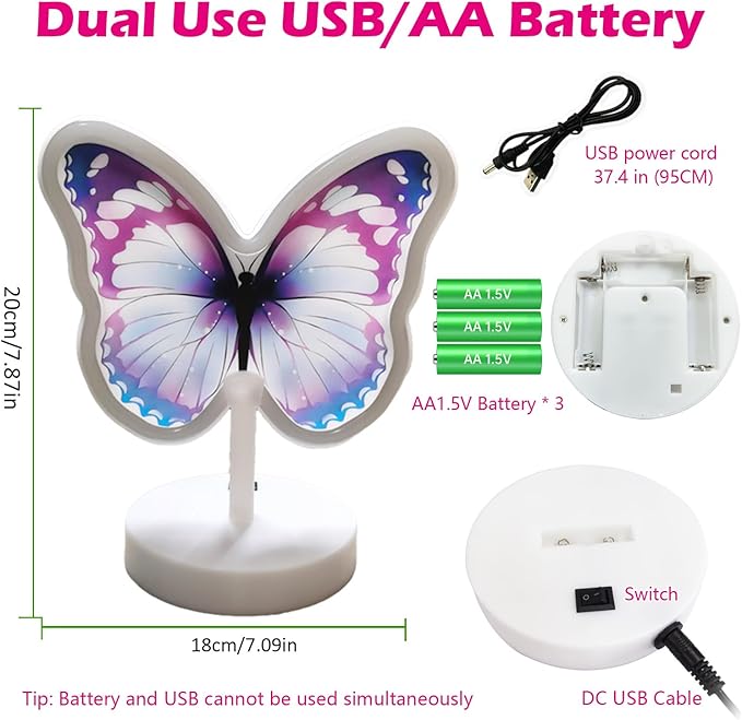Purple Butterfly Neon Sign - USB/Battery with Button, Girls Bedside Lamp, Birthday Gift for Teen Butterfly LED Neon Sign Night Lights Purple Fairy Party Decor Instagram Photo Prop Girls Room Decor