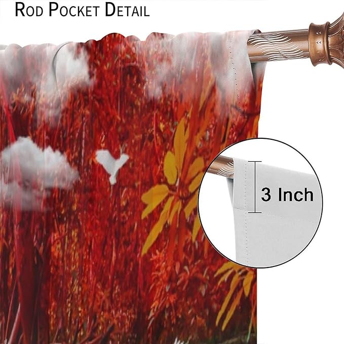 Nature Blackout Curtains, Waterfall Landscape Forest River Crane Fish Floral Pattern Rod Pocket Window Drapes, for Bedroom Living Room 42" W X 63" L