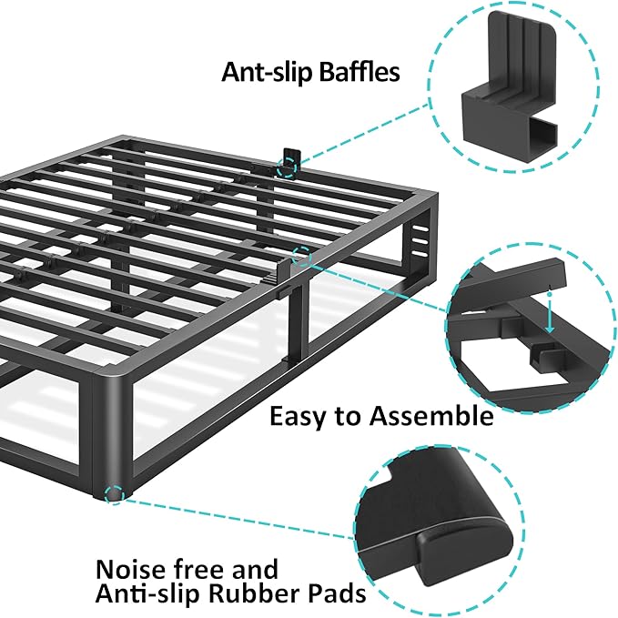 Metal Heavy Duty 14 inch Queen Bed Frame with Rounded Corner and Headboard Hole Mattress Retainers 3500 LBS No Box Spring Needed Platform Noise Free Easy Assembly