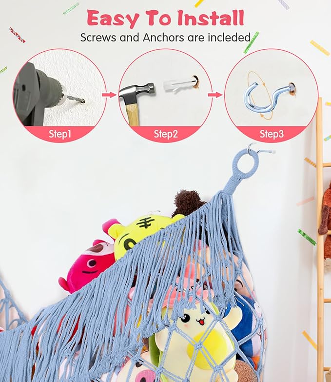 Stuffed Animal Hammock - Extra Large 56'' Long, Stuffed Animal Storage, stuffed animal Holder net, Toy Hammock Large, Toy Storage Hanging Organizer - Light blue