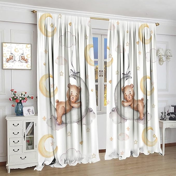 Cartoon Bear Curtains, Cartoon Watercolor Lovely Bear Moon Stars Printed Blackout Window Treatments, Rod Pocket Thermal Insulated Drapes 2 Panel Sets for Kids Bedroom Nursery Classroom, 63"W X 63"L
