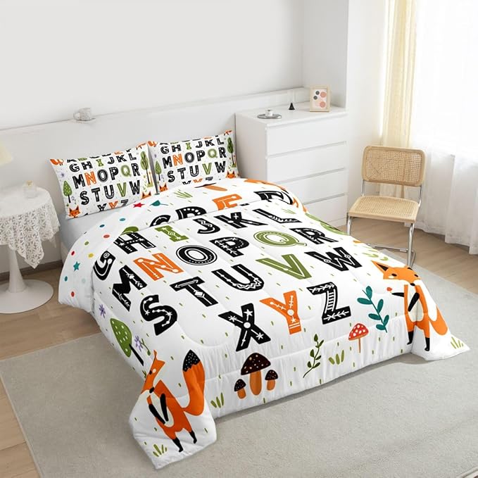 Feelyou Educational Nursery Art Comforter Set Twin Size Alphabet Kids ABC Learning Bedding Set for Kids Boys Girls Cute Fox Duvet Quilt Woodland Animals Bedroom Decor 2 Pcs with 1 Pillow Cases