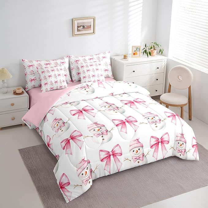 7 Pieces Cartoon Snowman Kids Comforter King,Pink Bowknot Bow Tie Princess Toddler Bedding Set,Merry Christmas Xmas Bow New Year（Comforter+Fitted+Flat Sheet+2 Pillowcases+2 Throw Pillow Covers）