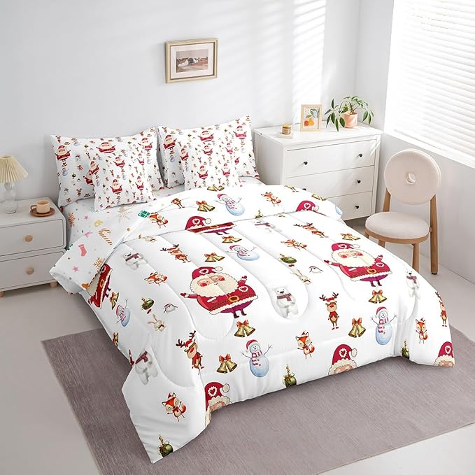 Feelyou Christmas Bed Set Cute Snowman Santa Claus Kids Decorations Bed in a Bag Boys Girls Bear Rabbit Comforter Set with Sheets Christmas Bells Design White Bedding Set Bedding King Size