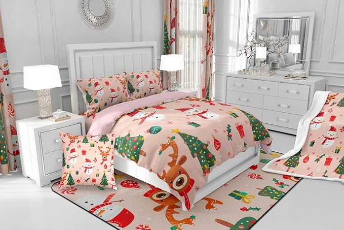 Feelyou Christmas Comforter Set Toddler Size Snowman Bedding Set for Kids Boys Girls Deer Xmas Tree Duvet Quilt New Year Gift Bedroom Decor Snowflake Microfiber 2 Pcs with 1 Pillow Cases