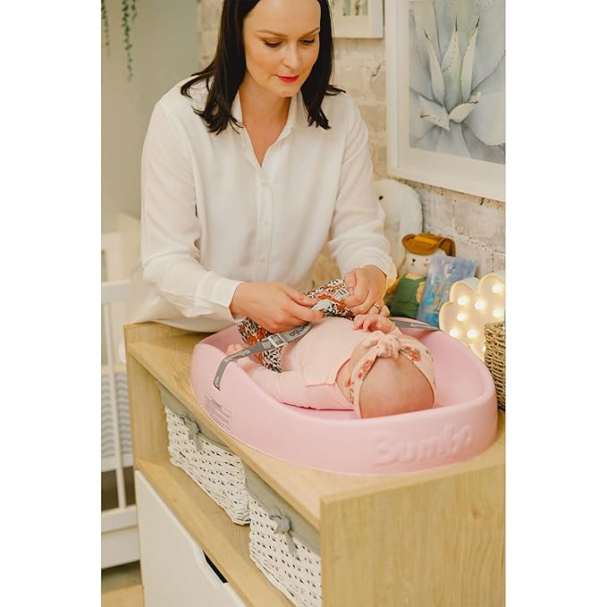 Bumbo Baby Changing Pads for Dresser or Table Top, Portable & Wipeable Non Slip Soft Contoured Diaper Change Station with Harness, Cradle Pink