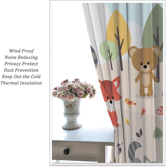 Kids Cartoon Forest Animal Curtains, Cute Woodland Animal Window Treatments for Bedroom Wildlife Fox Bear Deer Bunny Bird Blackout Window Drapes for Girls Boys Nursery Toddler Playroom 55x63in
