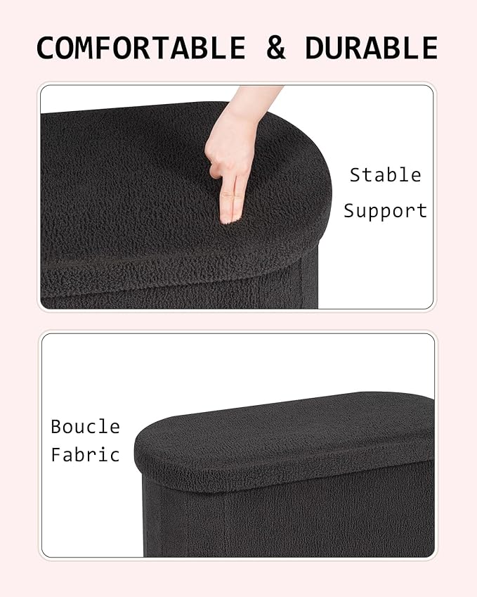 30" Oval Foldable Ottoman with Storage, Teddy Boucle Fabric Footrest, Storage Bench for Living Room, Bedroom, Entryway, Dorm, Darkgrey