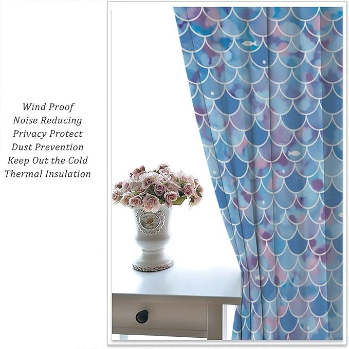 Mermaid Blackout Curtains, Kids Cartoon Blue and Pink Ocean Mermaid Scale Pattern Decoration for Girls Bedroom Nursery Curtains 52x84 Inch