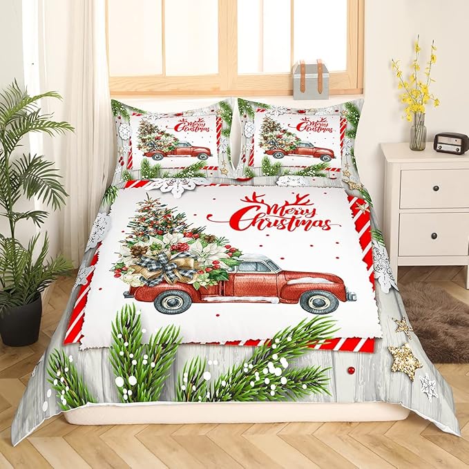 Christmas Kids Bedding Set Christmas Tree Racing Car Duvet Cover for Boys Children Teens Bedroom Decor Snowflake Xmas Theme Comforter Cover Set New Year Bedspread Cover Queen Size with 2 Pillow Case