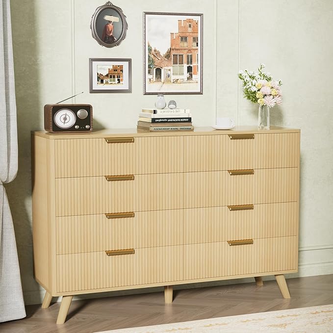 Boho Fluted 8 Drawer Dresser for Bedroom, Chest of Drawers with Solid Wood Legs, Modern Dresser Chest Cabinet Organizer with Golden Handles, Beside Table for Closet, Hallway, Bedroom