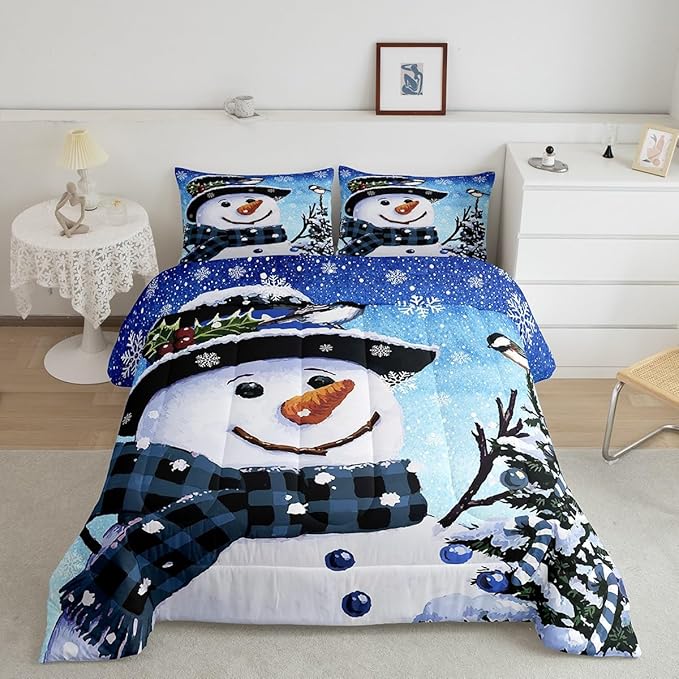 Feelyou Kids Christmas Theme Decorations Bedding Set Xmas Snowman Comforter Set for Boys Girls Snowflake Kawaii Cute Gradient Blue Bedroom Collection Twin Size