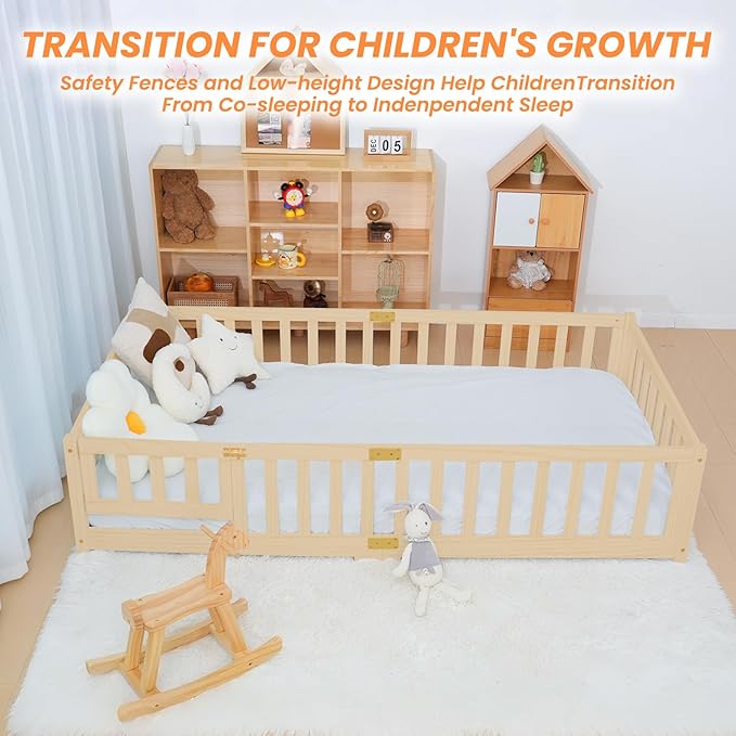 NAIZEA Twin Floor Bed for Kids-Twin Montessori Bed Frame with Wood Slats and Door and Slats, Wood Toddler Floor Beds for Girls and Boys, Natural