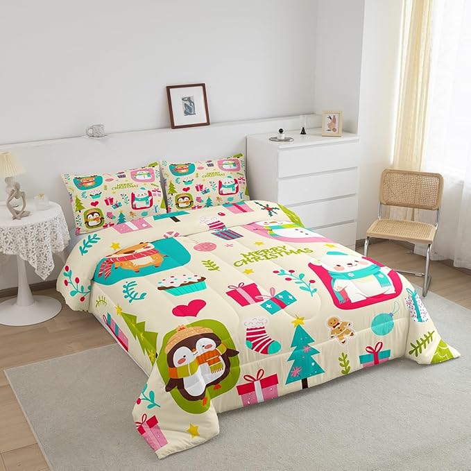 Erosebridal Merry Xmas Comforter Set Full Size Christmas Tree Quilt for Kids Boys Girls Cartoon Penguin Bear Bedding Set Cute Deer Elk Duvet Insert with 2 Pillow Cases
