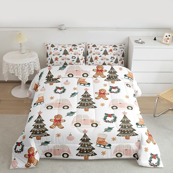 Feelyou Xmas Tree Car Comforter Set All Season Gingerbread Man Bedding Set with 2 Pillow Cases Garland Microfiber Kids Queen Bedclothes Bedroom Decor Duvet Quilt Breathable Soft