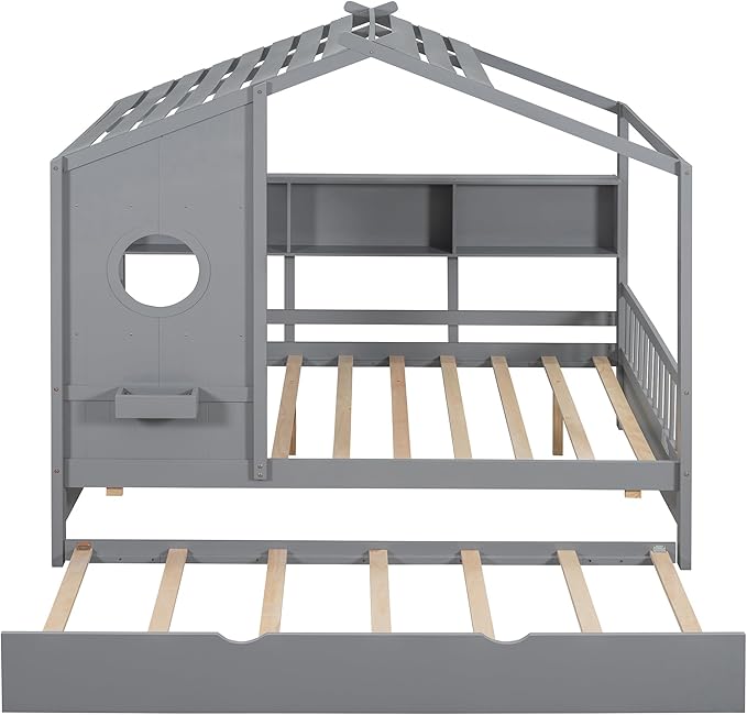 Bellemave Full Size House Bed with Trundle for Kids,Full Kids Bed Frame with Storage Shelves,Wood House Bed Frame for Girls,Boys,Can be Decorated,Gray