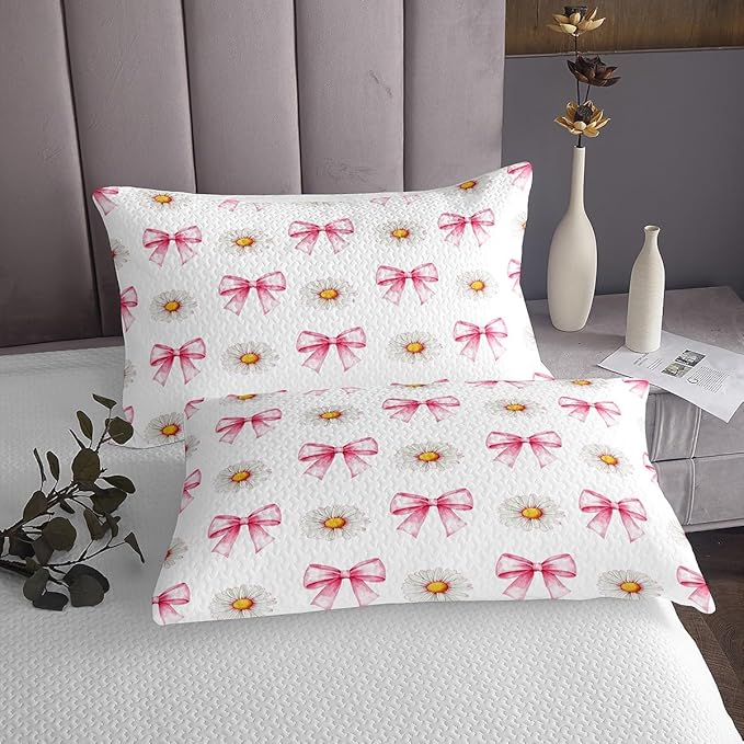 Pink Bowknot Kids Bedspread Twin Size,Daisy Flowers Bow Tie Knot Princess Coverlet Set,Girls Women Room Decor,Plant Floral Bows Romantic Quilted Coverlet,Boho Chic Bedding Quilt,1 Pillowcase